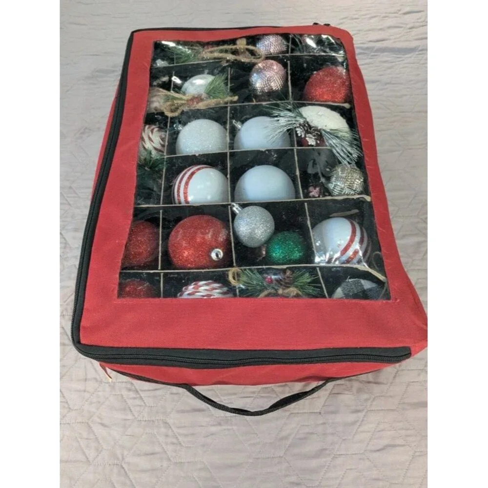 Santa's Bags Christmas Ornaments with Storage Case Red Zippered Container